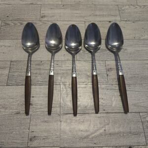 Vtg Set of 5 Soup Spoons Interpur Canoe Hearts Stainless Brown Handle MCM Japan